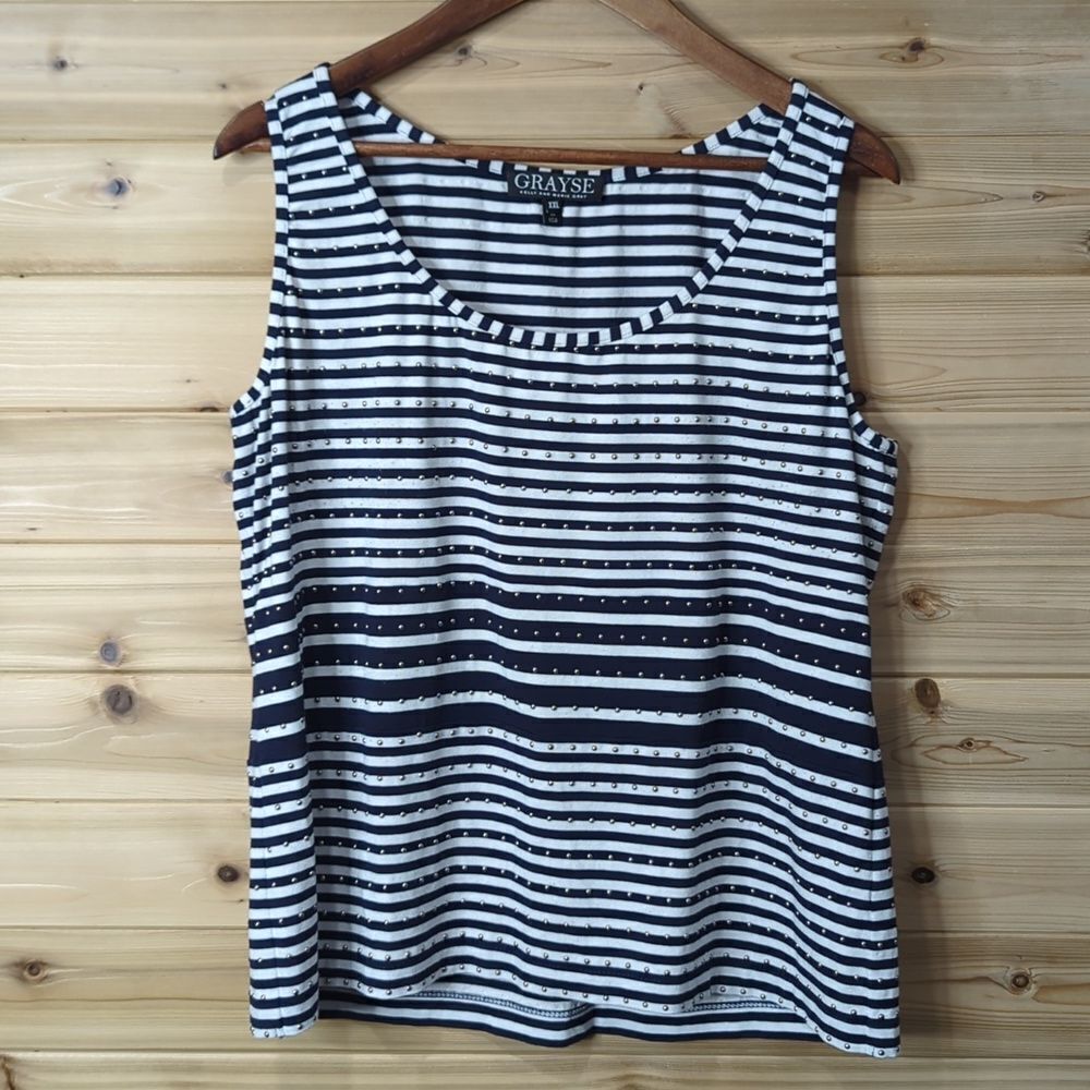 Grayse Kelly and Marie Gray Top Womens XXL Blue Striped‎ Studded Tank Top